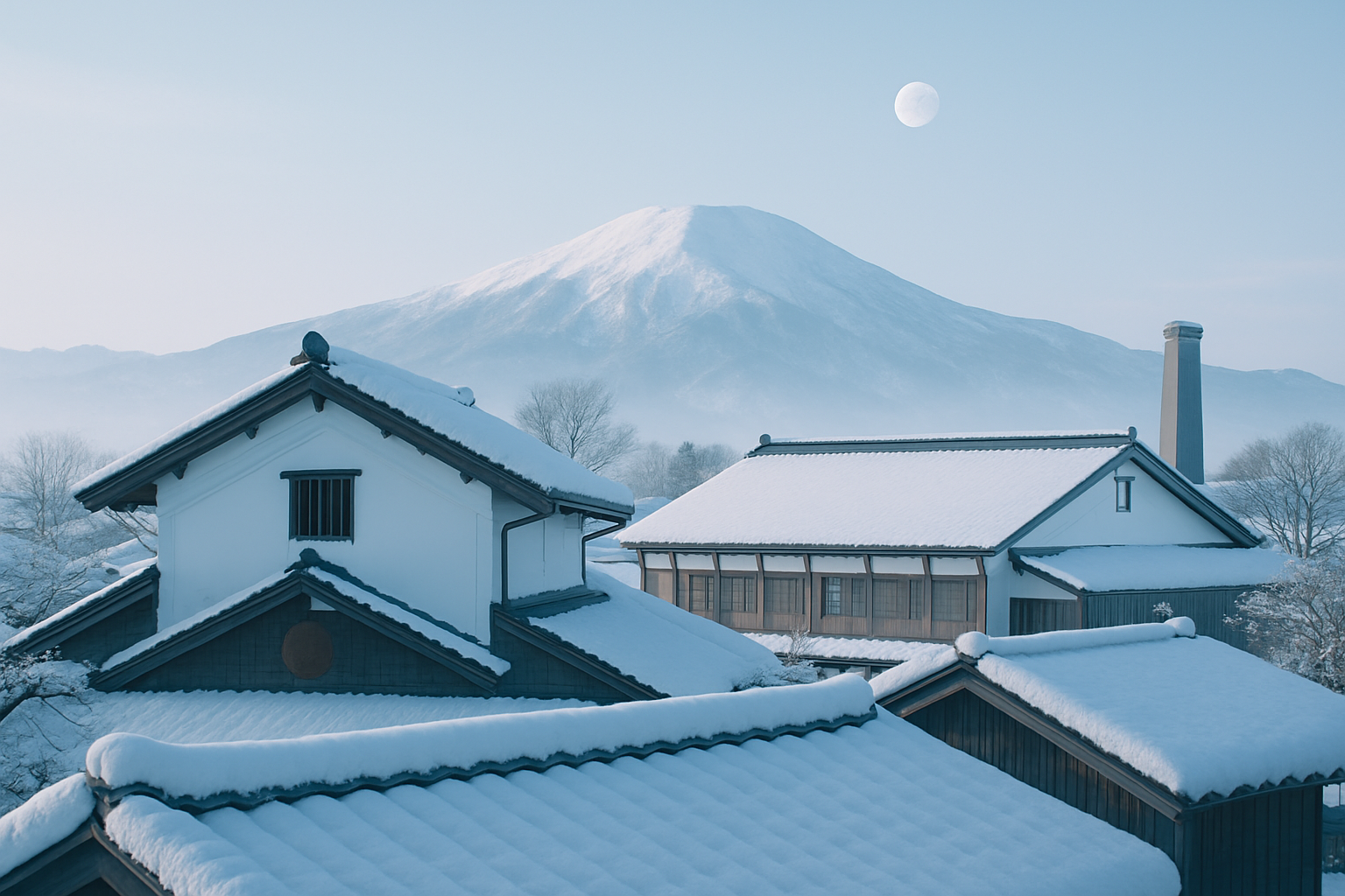 山形の蔵元と月山遠景 (AI生成: OpenAI gpt-image-1)