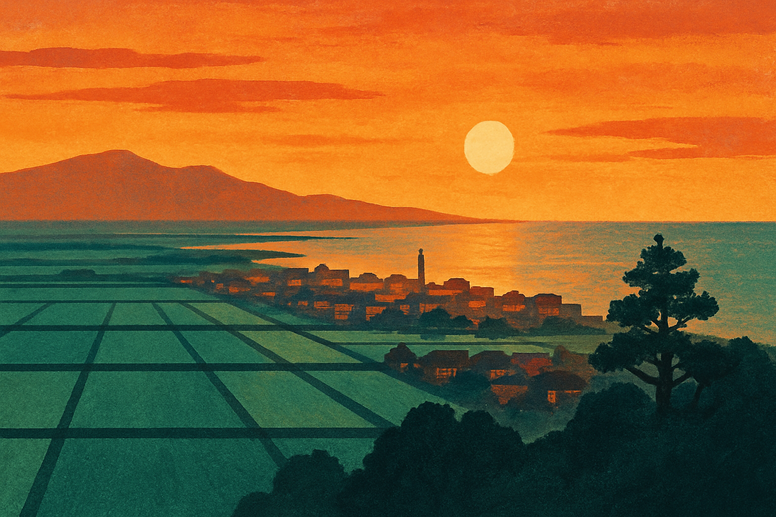 庄内平野と酒田の港町を抽象的に描いた section 扉 illustration (AI生成: OpenAI gpt-image-1)