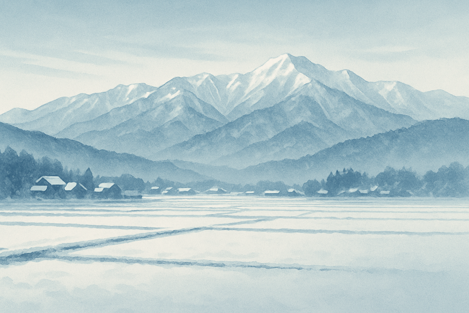 村山盆地の冬田と蔵王連峰の冬景色を抽象的に描いた section 扉 illustration (AI生成: OpenAI gpt-image-1)