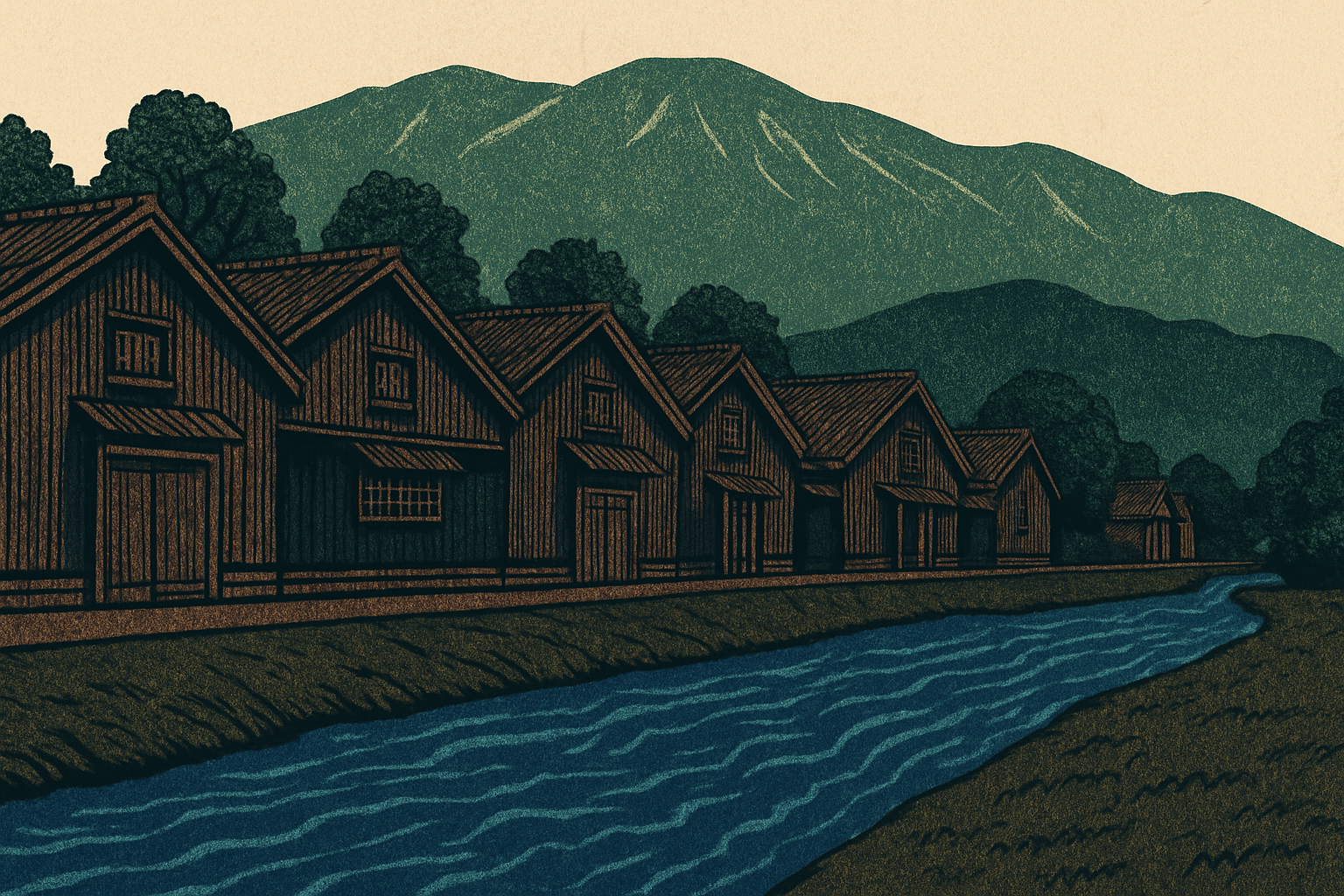 鶴岡市大山地区の酒蔵町並みと出羽三山遠景を抽象的に描いた section 扉 illustration (AI生成: OpenAI gpt-image-1)