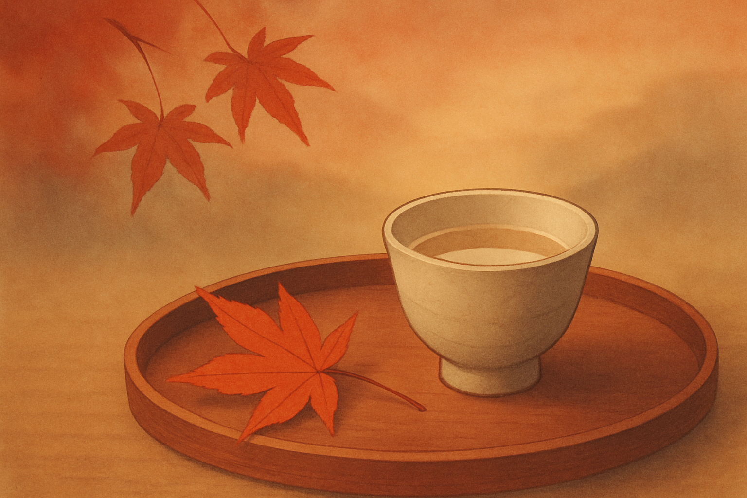 山形の日本酒の盃と紅葉 (AI生成: OpenAI gpt-image-1)