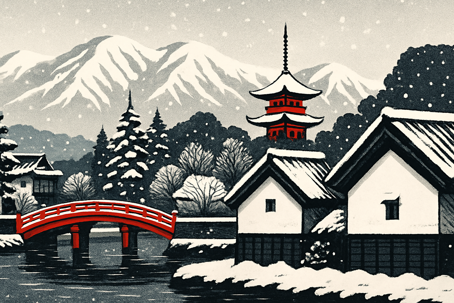米沢城下と吾妻山系の冬景色を抽象的に描いた section 扉 illustration (AI生成: OpenAI gpt-image-1)